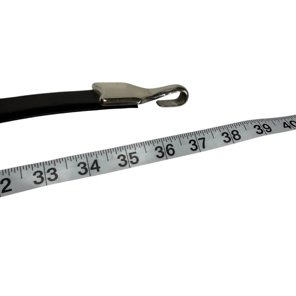 Chicos Adjustable Black Leather Belt Silver Hardware Hook and Loop Pebbled Sz ML